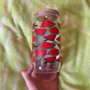 Watermelon Patterned Glass Jar with Bamboo Lid